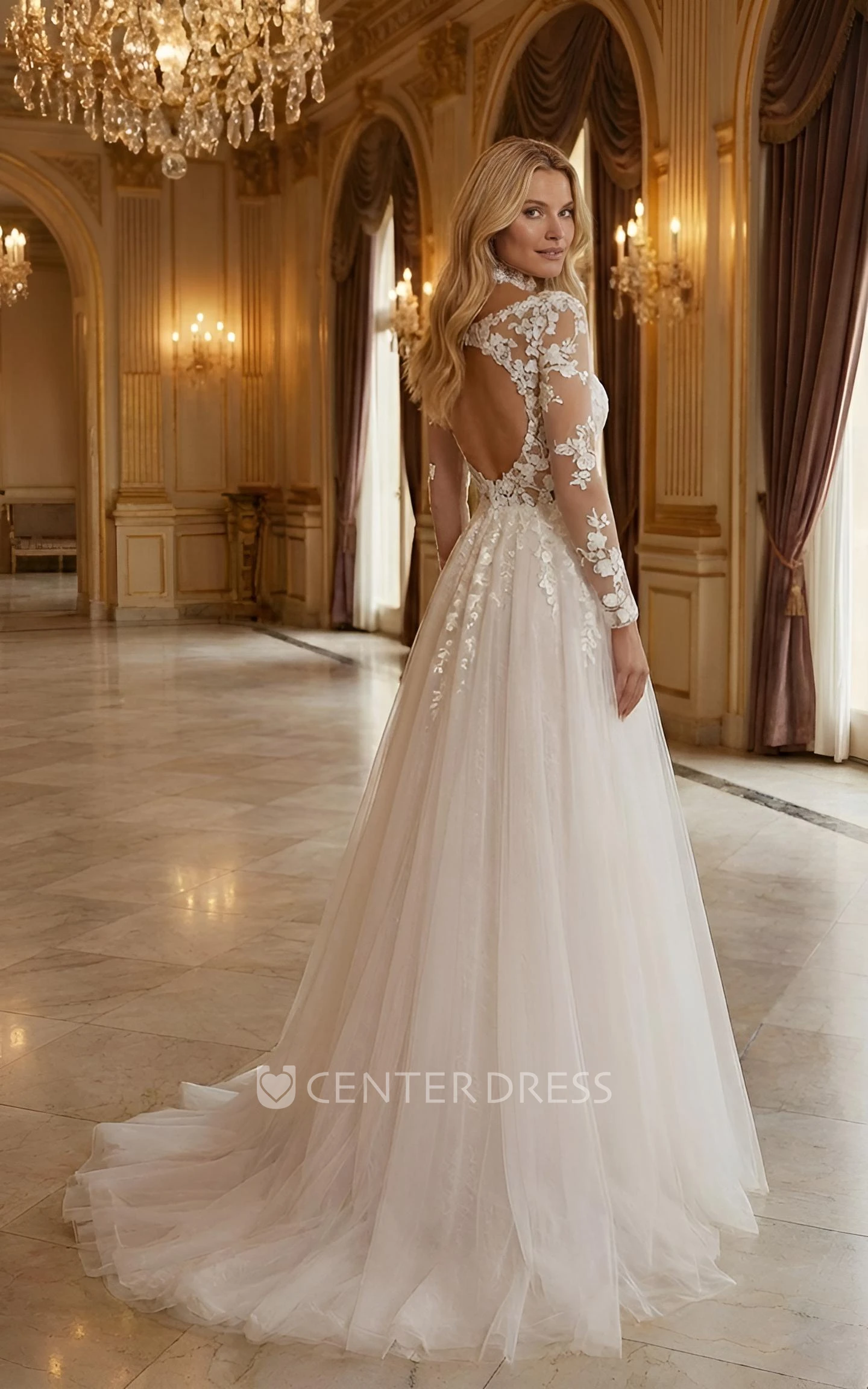 Flowy A-Line Lace Long Sleeves Wedding Dress Modern Square Neck Gown with Open Back