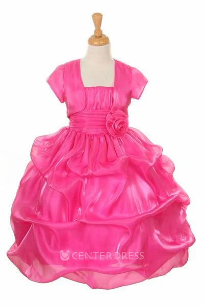 Spaghetti Tea-Length Bolero Ruched Organza&Satin Flower Girl Dress With Pick Up