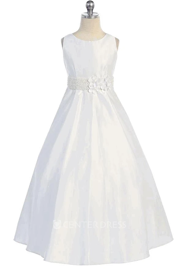 Floral Beaded Floral Satin Flower Girl Dress With Sash