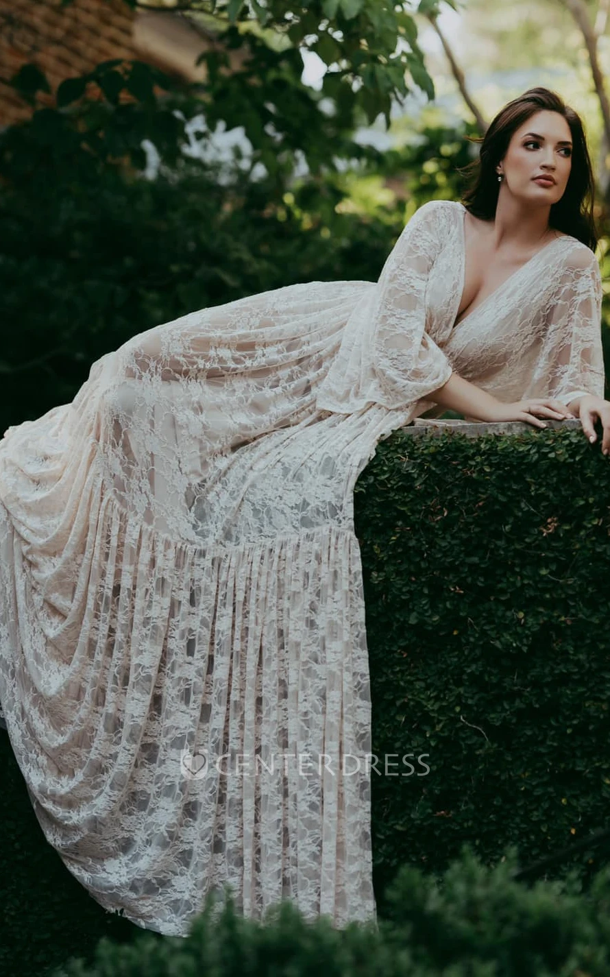 Beach Lace Spring Wedding Dress A-Line Plunging Neckline Bat Sleeves Bohemian