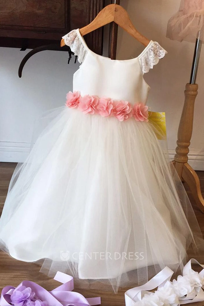 Floral Tea-Length Tiered Chiffon&Tulle Flower Girl Dress