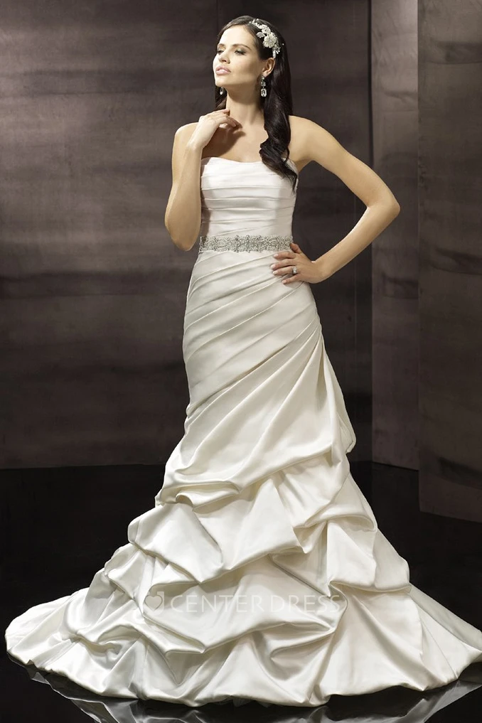 Mermaid Sleeveless Side-Draped Floor-Length Strapless Satin Wedding Dress With Pick Up And Waist Jewellery