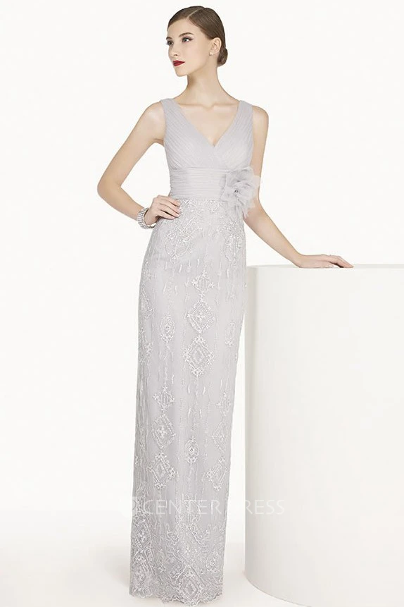 V Neck Sleeveless Sheath Lace Long Prom Dress With Empire Floral Waist