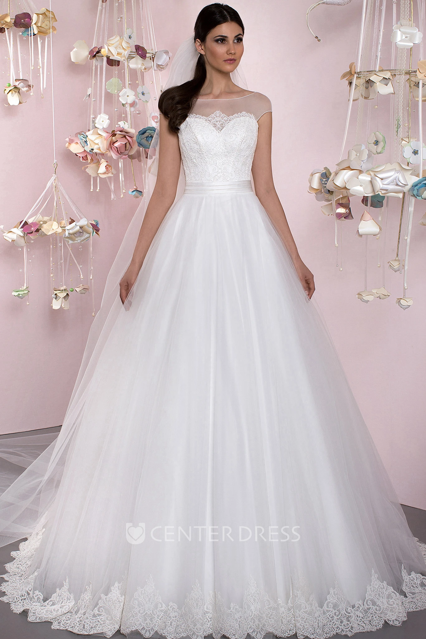 Ball Gown Cap Sleeve Appliqued Bateau Neck Tulle Wedding Dress