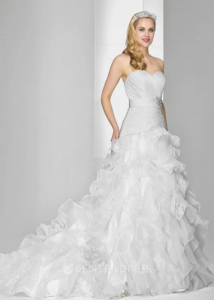 A-Line Jeweled Sweetheart Floor-Length Organza Wedding Dress With Criss Cross And Brush Train