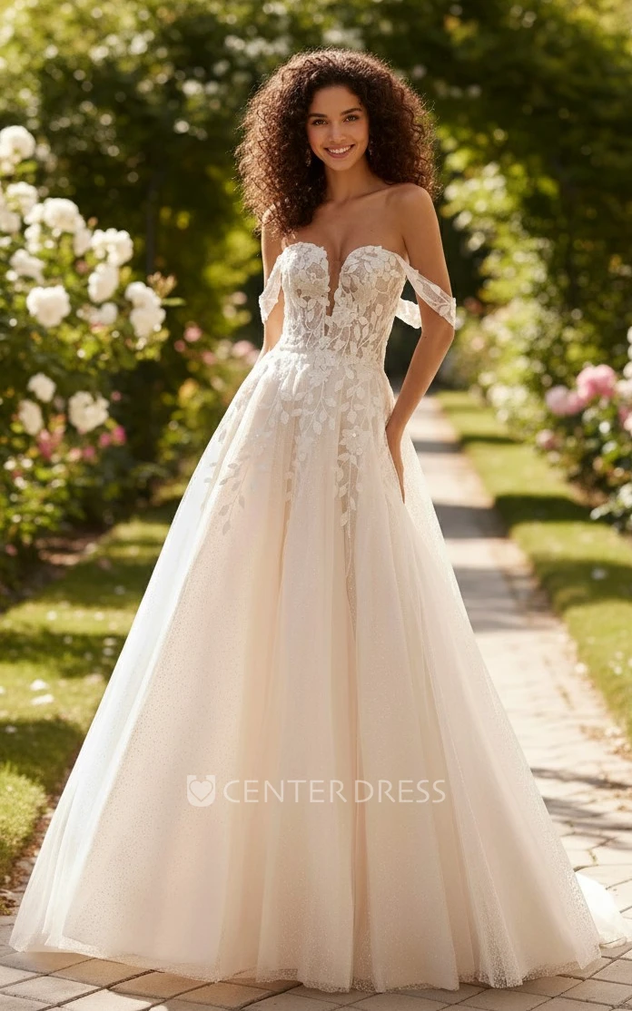 A Line Lace Off Shoulder Wedding Dress Plunging Neck Tulle Lace Applique Bridal Gown Court Train Elegant