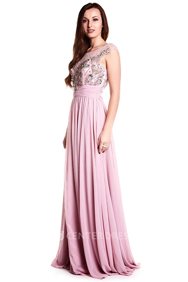 Sheath Beaded Cap-Sleeve Long Scoop-Neck Chiffon Prom Dress With Pleats
