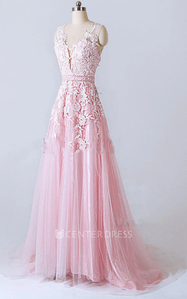 A-line V-neck Tulle And Lace Dress With Appliques And Low V back