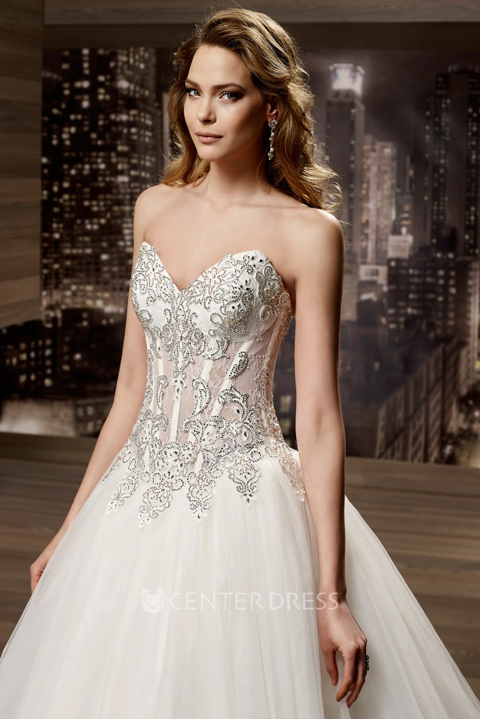 Sweetheart Brush-Train A-Line Bridal Gown With Beaded Corset