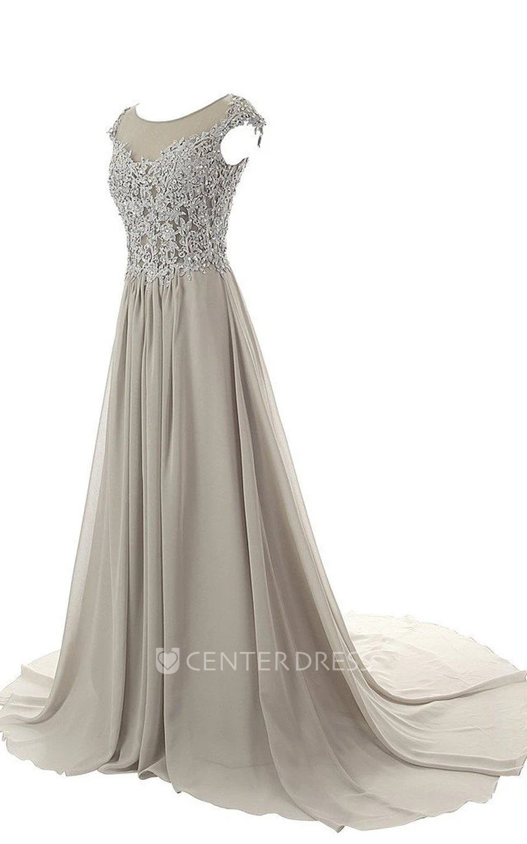 Dramatic Floor Length Chiffon Dress With Beaded Lace Appliques