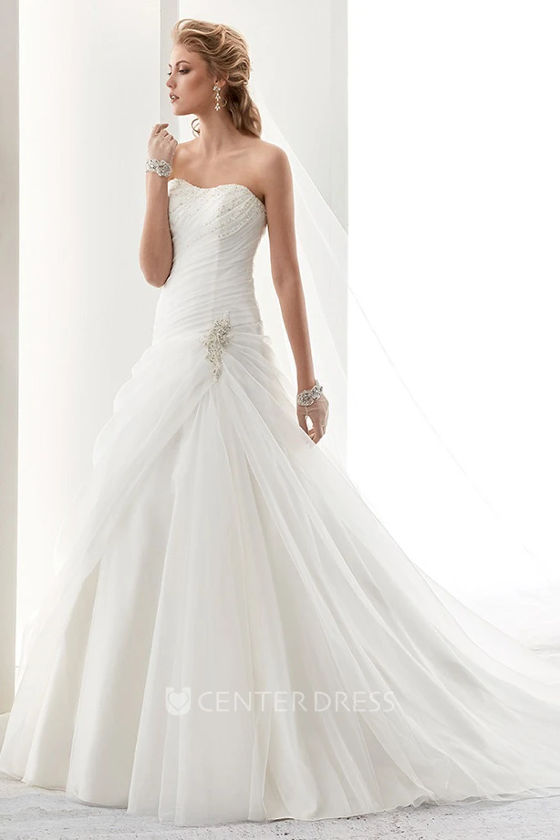 Strapless Pleated Wedding Dress with Side Ruffles and Brush Train 