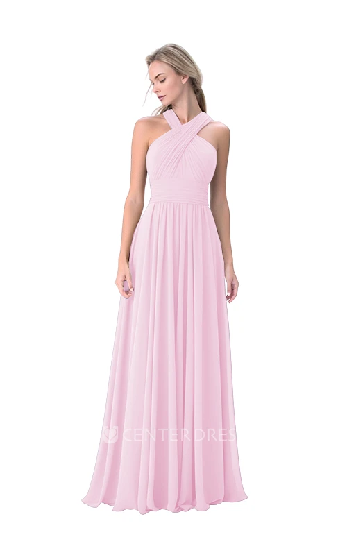 Beautiful Chiffon A-Line Halter Neck Bridesmaid Dress with Ruching Unique Prom Dress