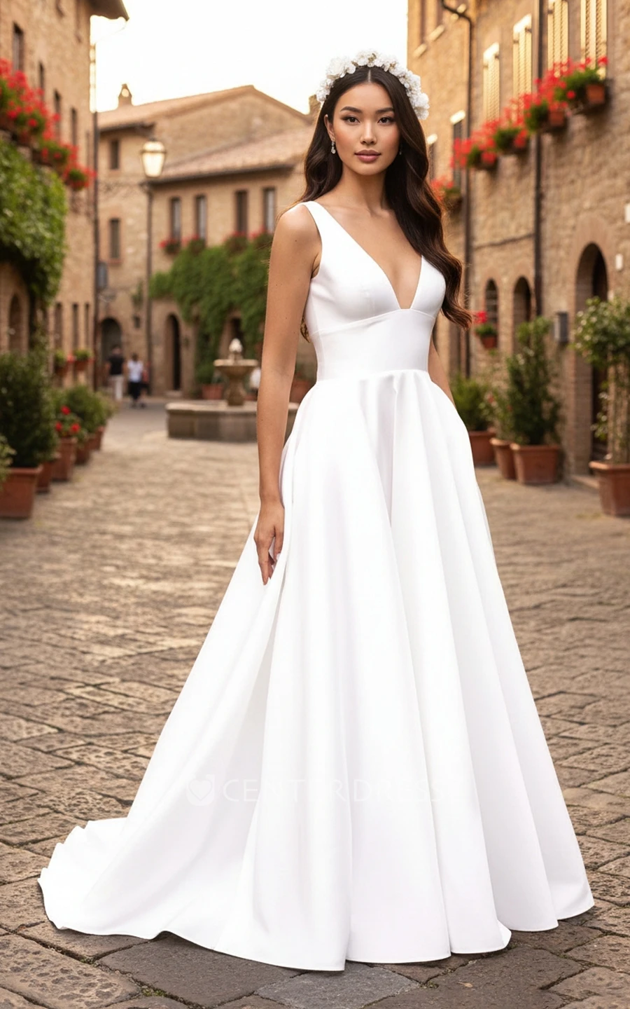 Minimalist A-Line Sleeveless Wedding Dress Sexy Deep V Neckline Informal Bridal Gown
