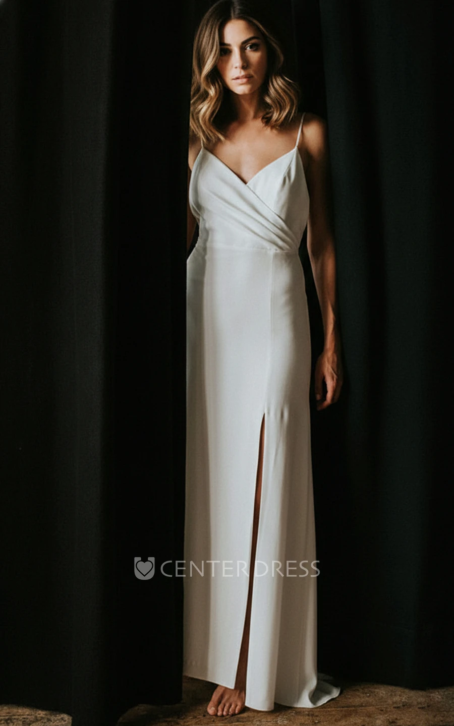 Modern Sheath V-Neck Wedding Dress Simple Spaghetti Backless Slit Bridal Gown