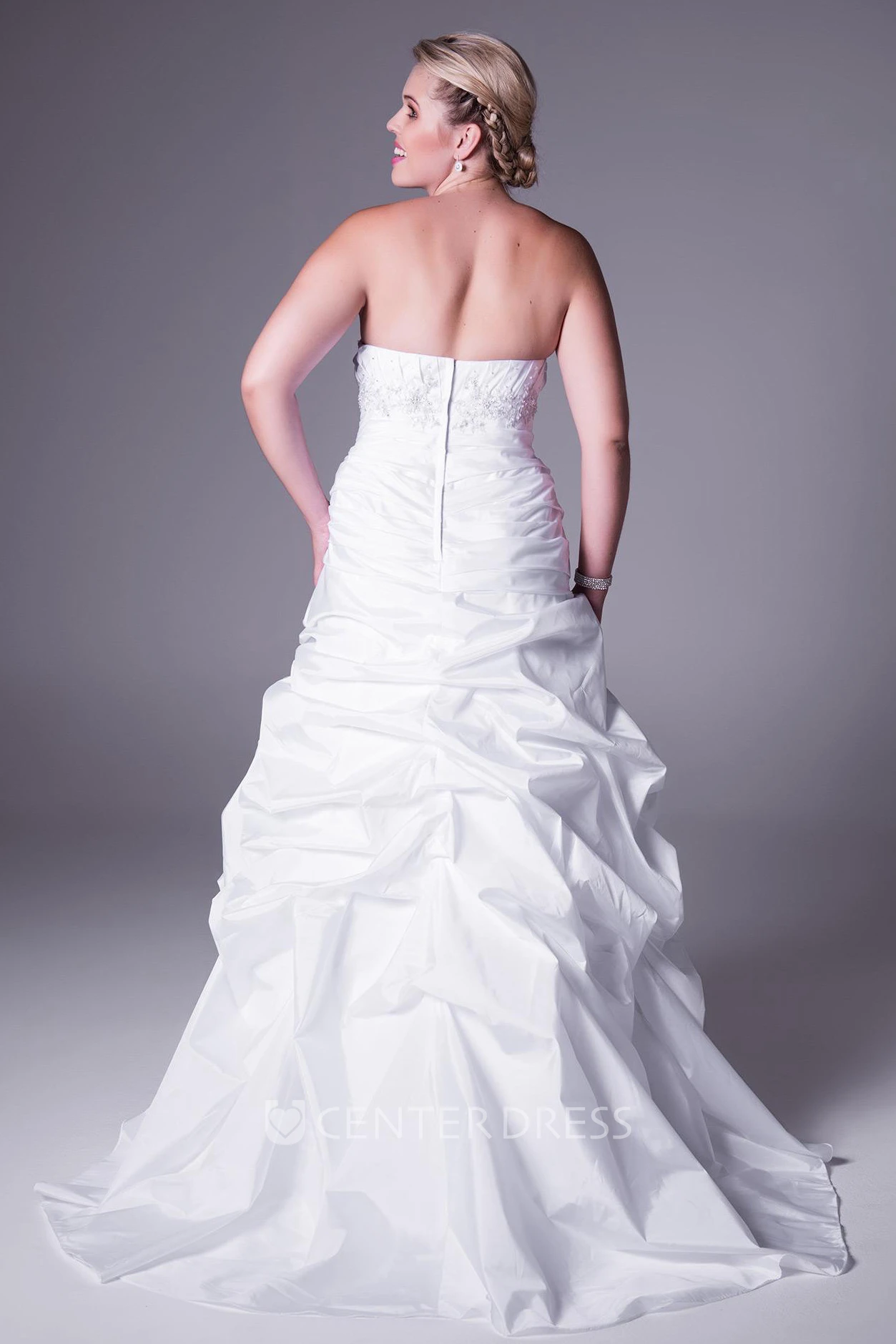 Strapless Appliqued Satin Plus Size Wedding Dress With Ruffles And Sweep Train