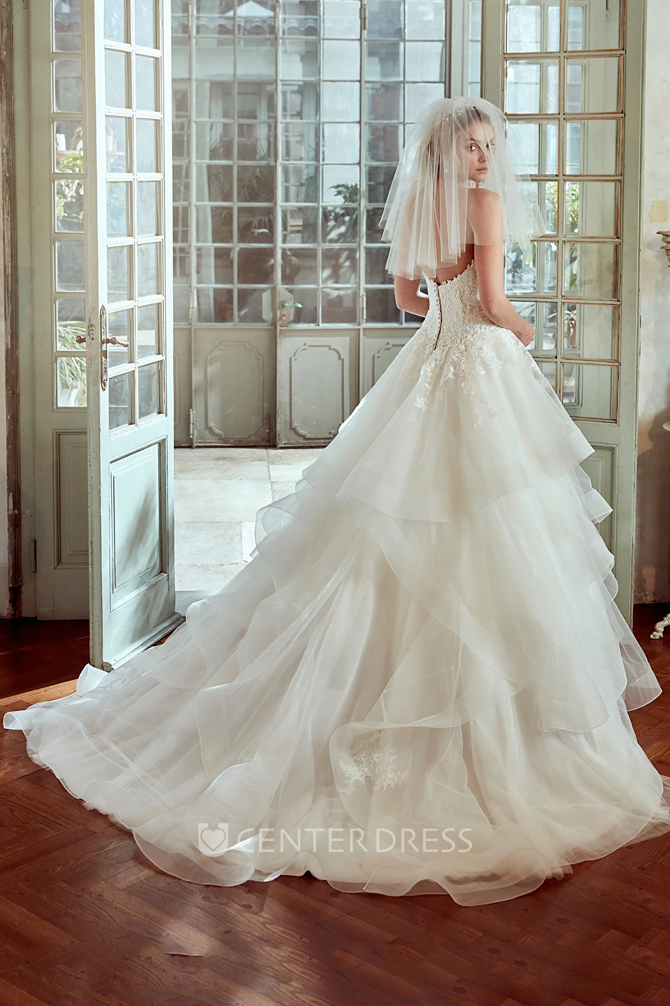Sweetheart A-line Wedding Dress with Ruching Tiers and Lace Bodice