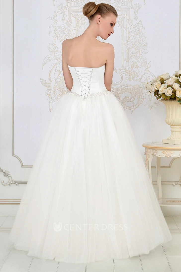 Ball Gown Ruched Floor-Length Sleeveless Sweetheart Tulle Wedding Dress With Waist Jewellery