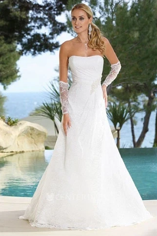 A-Line Floor-Length Draped Strapless Lace Wedding Dress With Broach