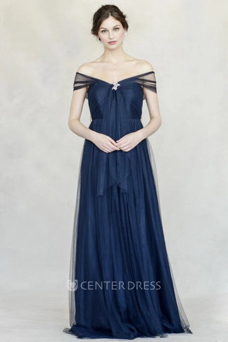 A-Line Off-The-Shoulder Broach Floor-Length Tulle Bridesmaid Dress With Pleats