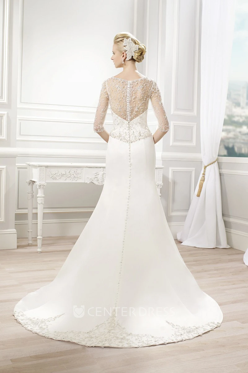 High Neck Long Beaded Chiffon Wedding Dress With Court Train And Illusion