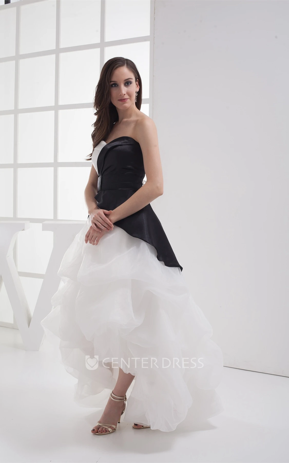 Black-And-White High-Low Organza Prom Dress with Tiers and Ruffles