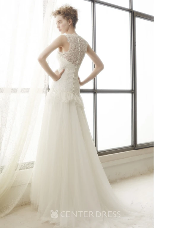 A-Line Peplum Maxi Sleeveless Bateau Tulle Wedding Dress With Illusion Back And Lace