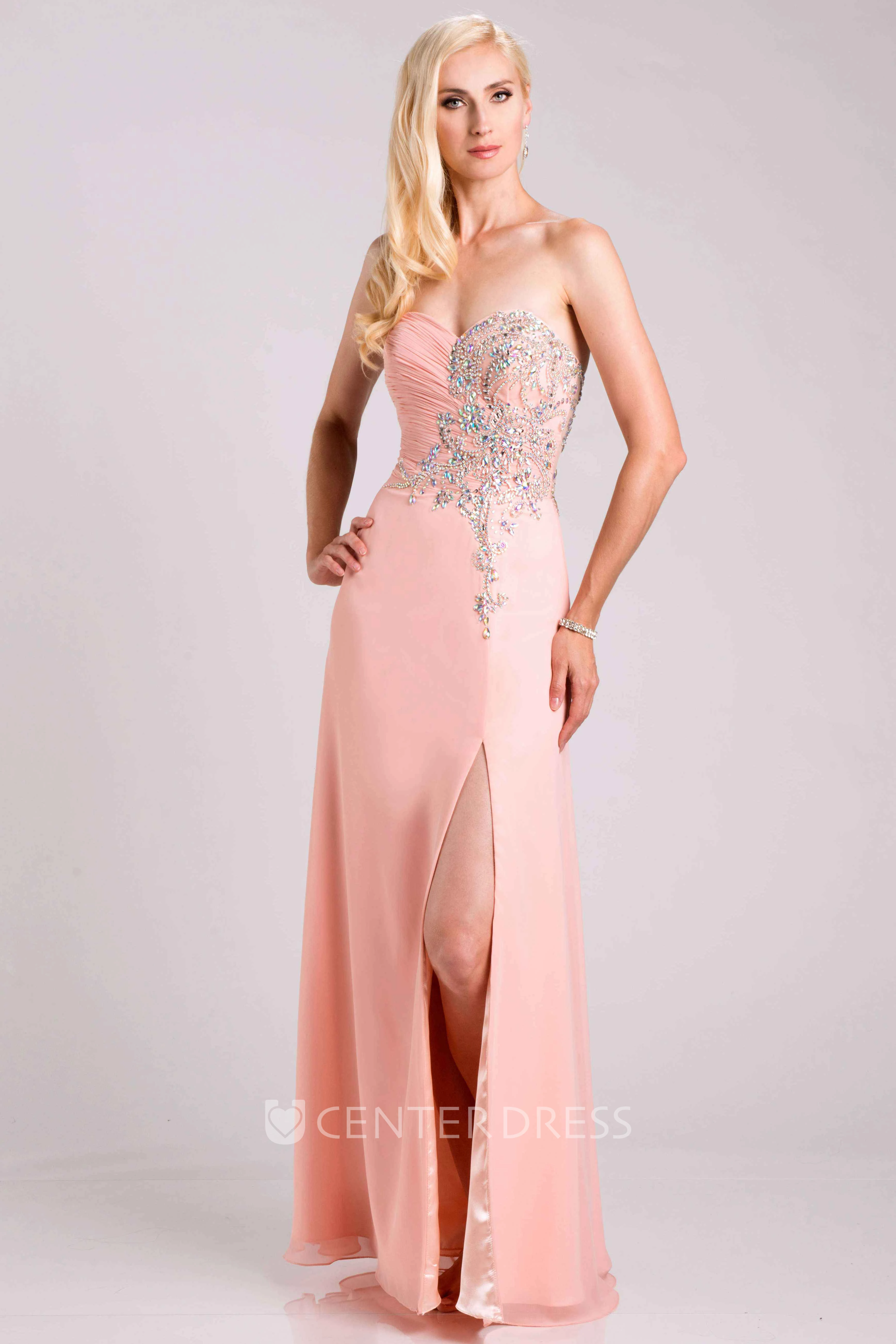 Sweetheart Ruched Bodice Chiffon Prom Dress With Side Slit And Pearls