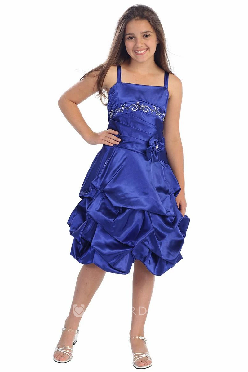Floral Knee-Length Pleated Beaded Satin Flower Girl Dress With Tiers