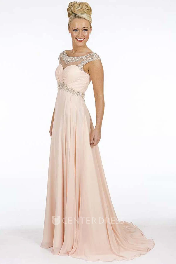 A-Line Empire Scoop Floor-Length Cap-Sleeve Beaded Chiffon Prom Dress With Waist Jewellery And Ruching