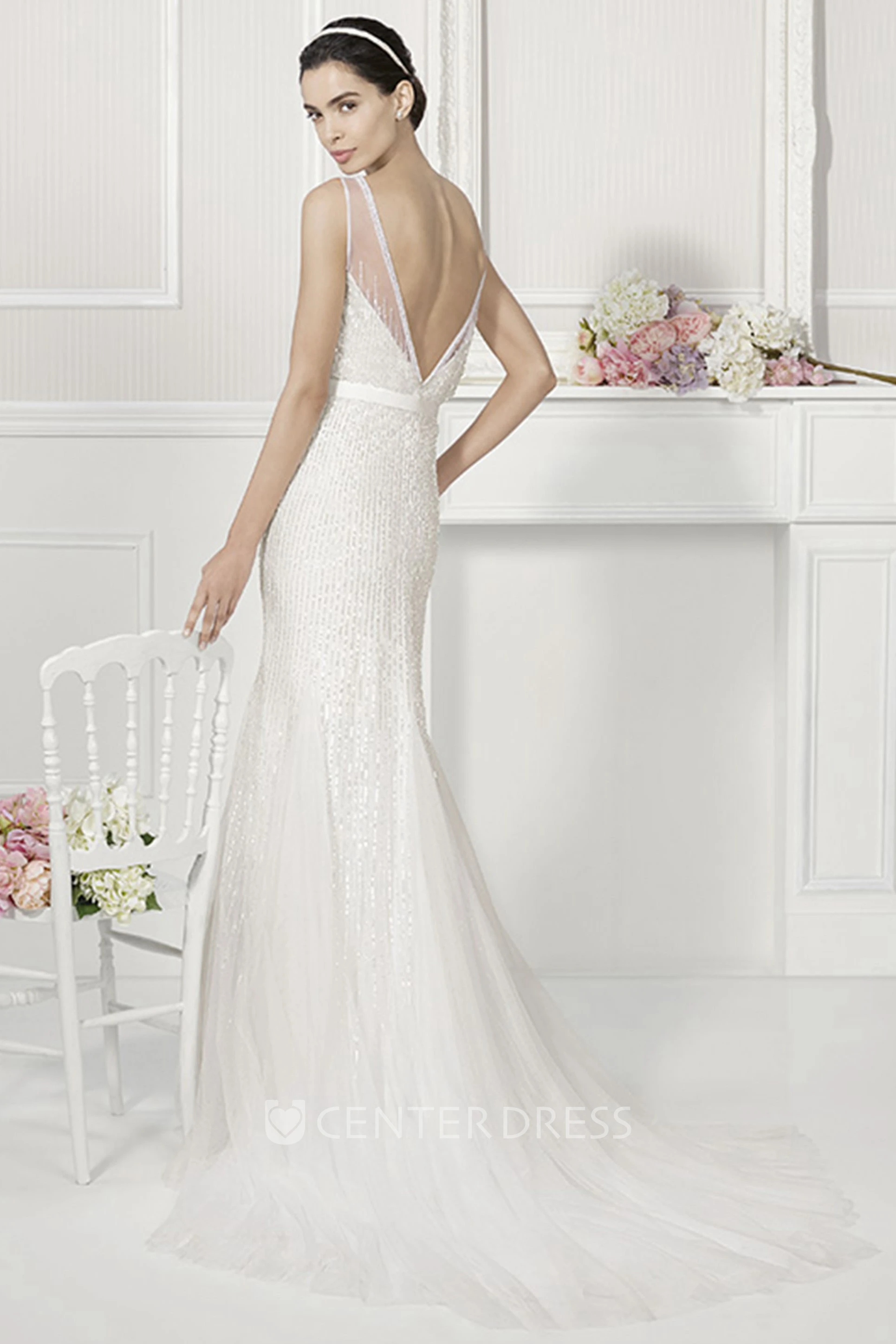 Jewel Neck V Back Sheath Tulle Bridal Gown With Belt