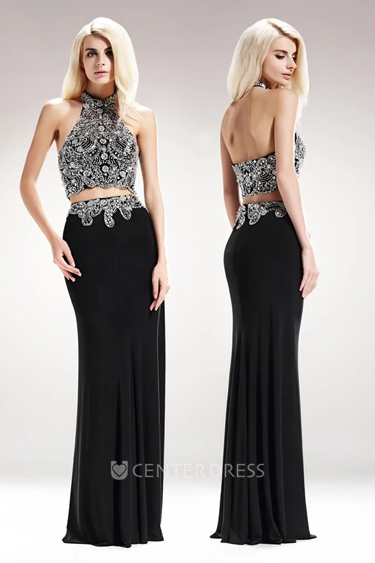 Two-Piece Sheath Maxi High Neck Sleeveless Jersey Backless Dress With Beading And Pleats