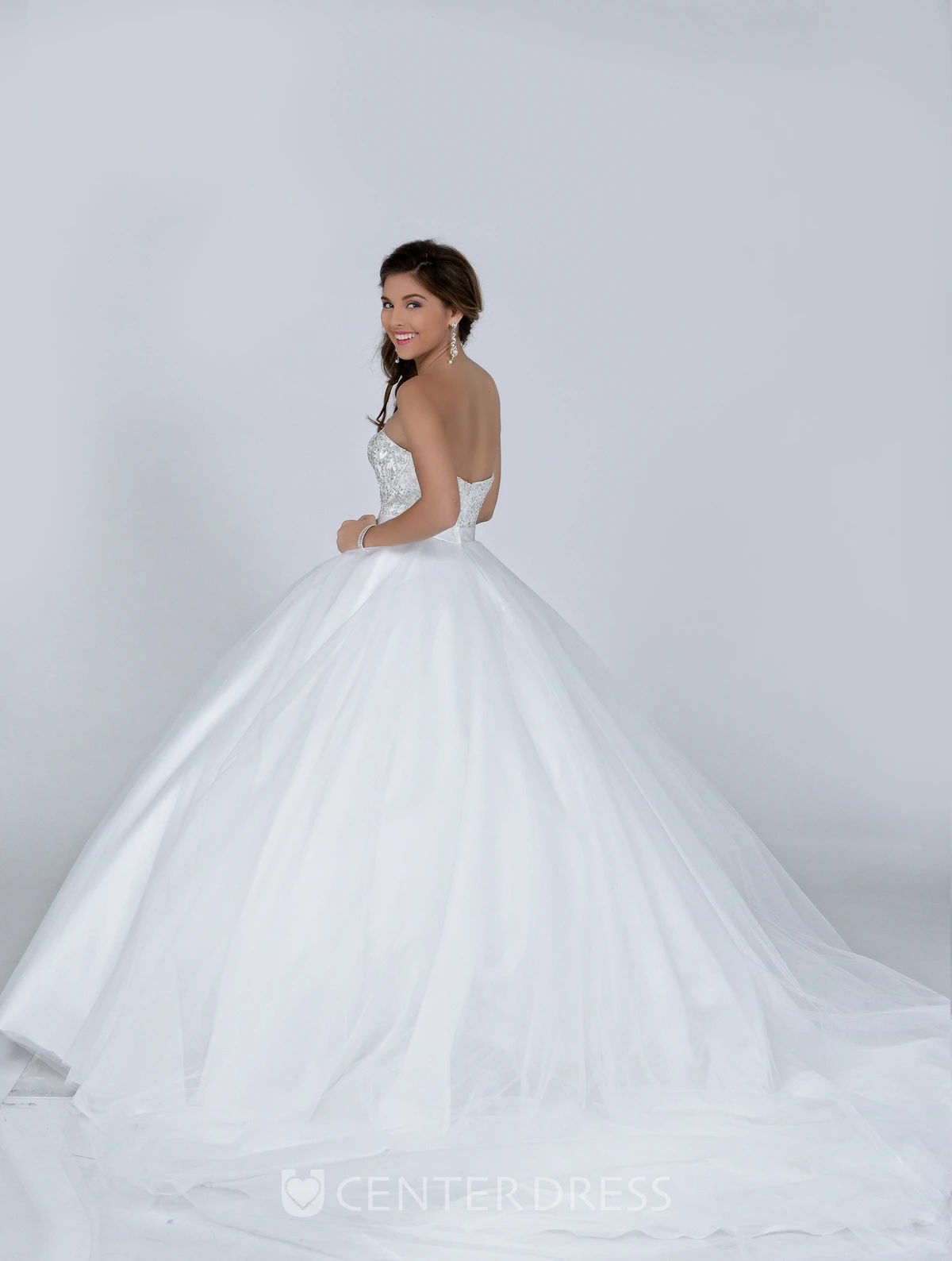 Sweetheart Tulle Overlay Satin Ball Gown Featuring Jeweled Bodice