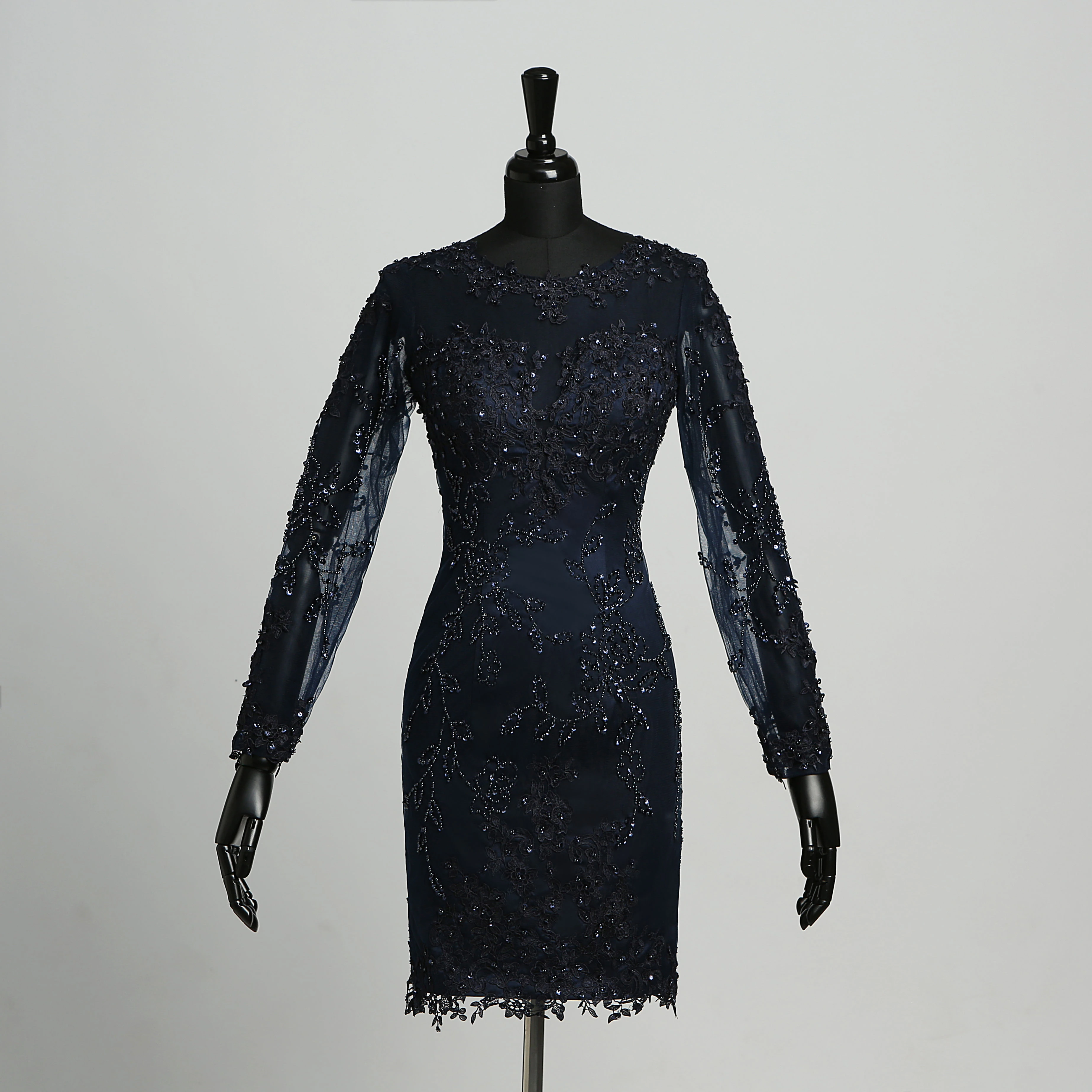 Satin Bodycon Scoop Elegant Long Sleeve Knee-length Zipper Dress with Appliques Sequins