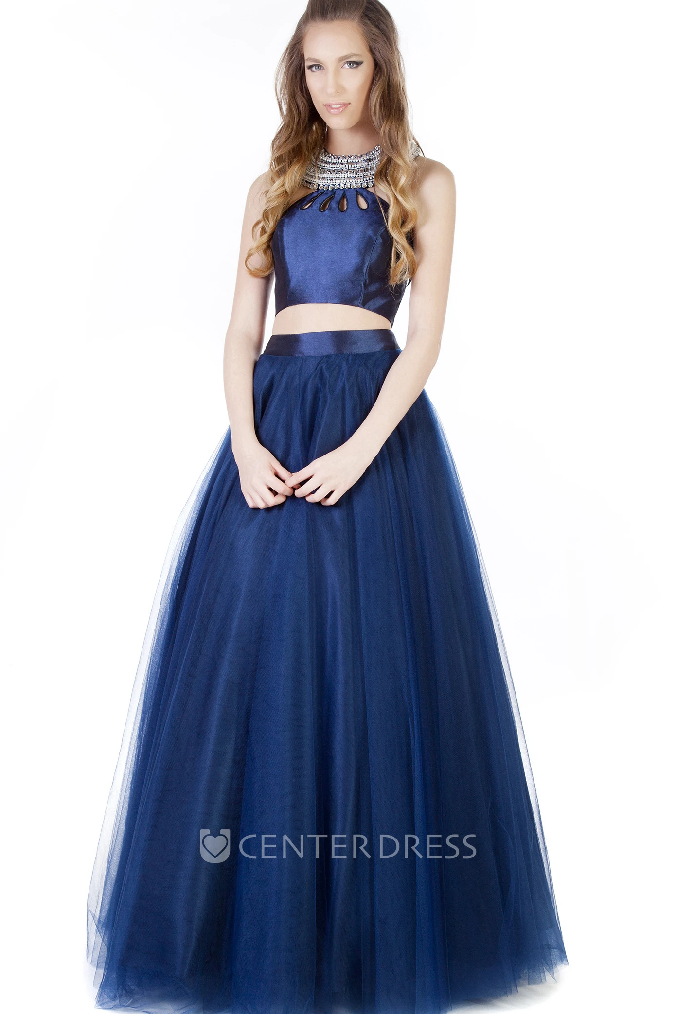 A-Line Long Sleeveless Beaded Tulle Prom Dress With Pleats