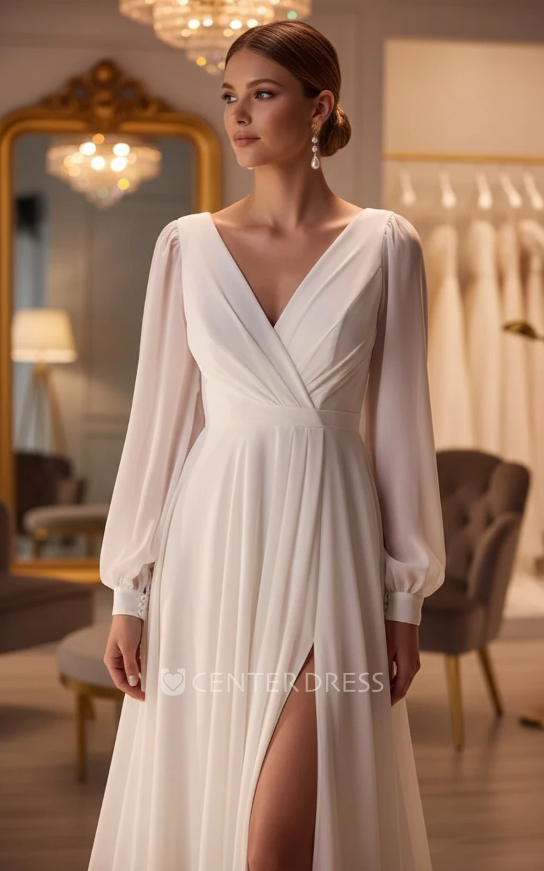 Flowy Modest V-Neck A-Line Long Sleeve Maxi Spring Wedding Dress Casual Minimalist Ruching Low Back Slit Reception Vow Renewal Dress for Bride