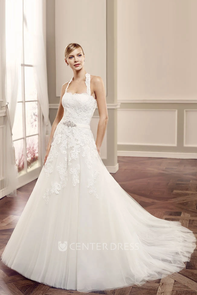 Ball-Gown Sleeveless Floor-Length Halter Appliqued Lace Wedding Dress With Waist Jewellery