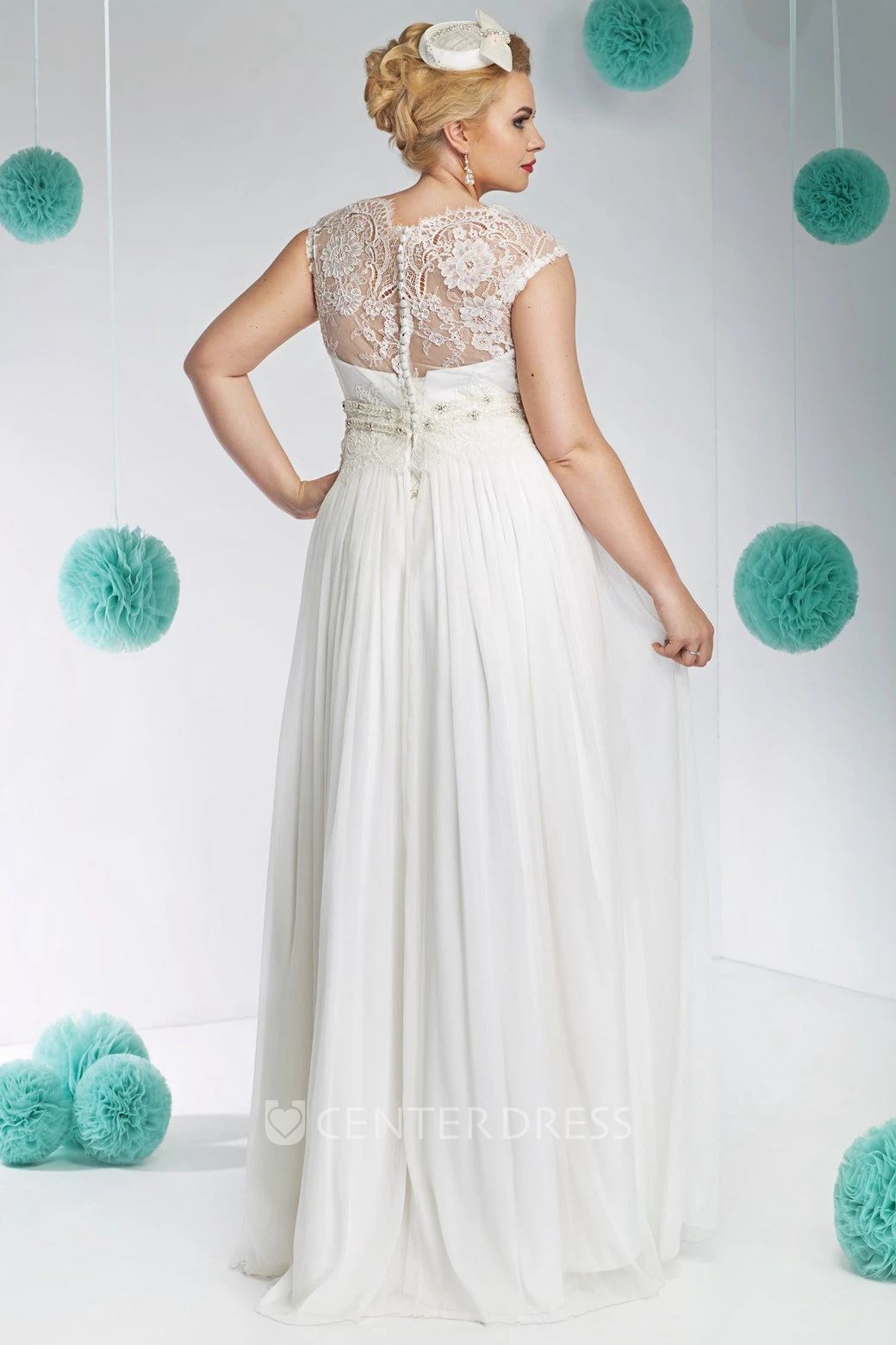 Bateau-Neck Long Jeweled Tulle&Lace Plus Size Wedding Dress