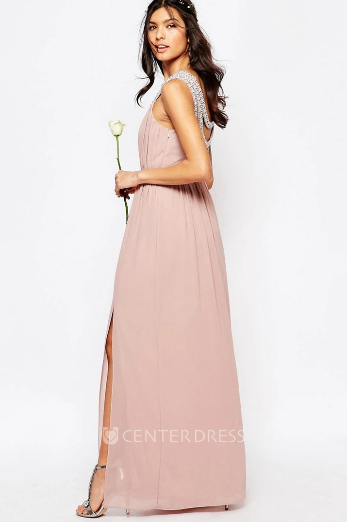 Ankle-Length Beaded Sleeveless Scoop Neck Chiffon Bridesmaid Dress