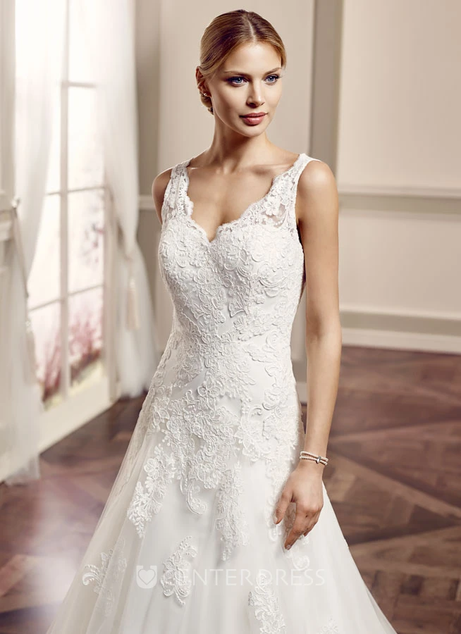 A-Line Sleeveless V-Neck Floor-Length Appliqued Lace Wedding Dress With Deep-V Back And Court Train