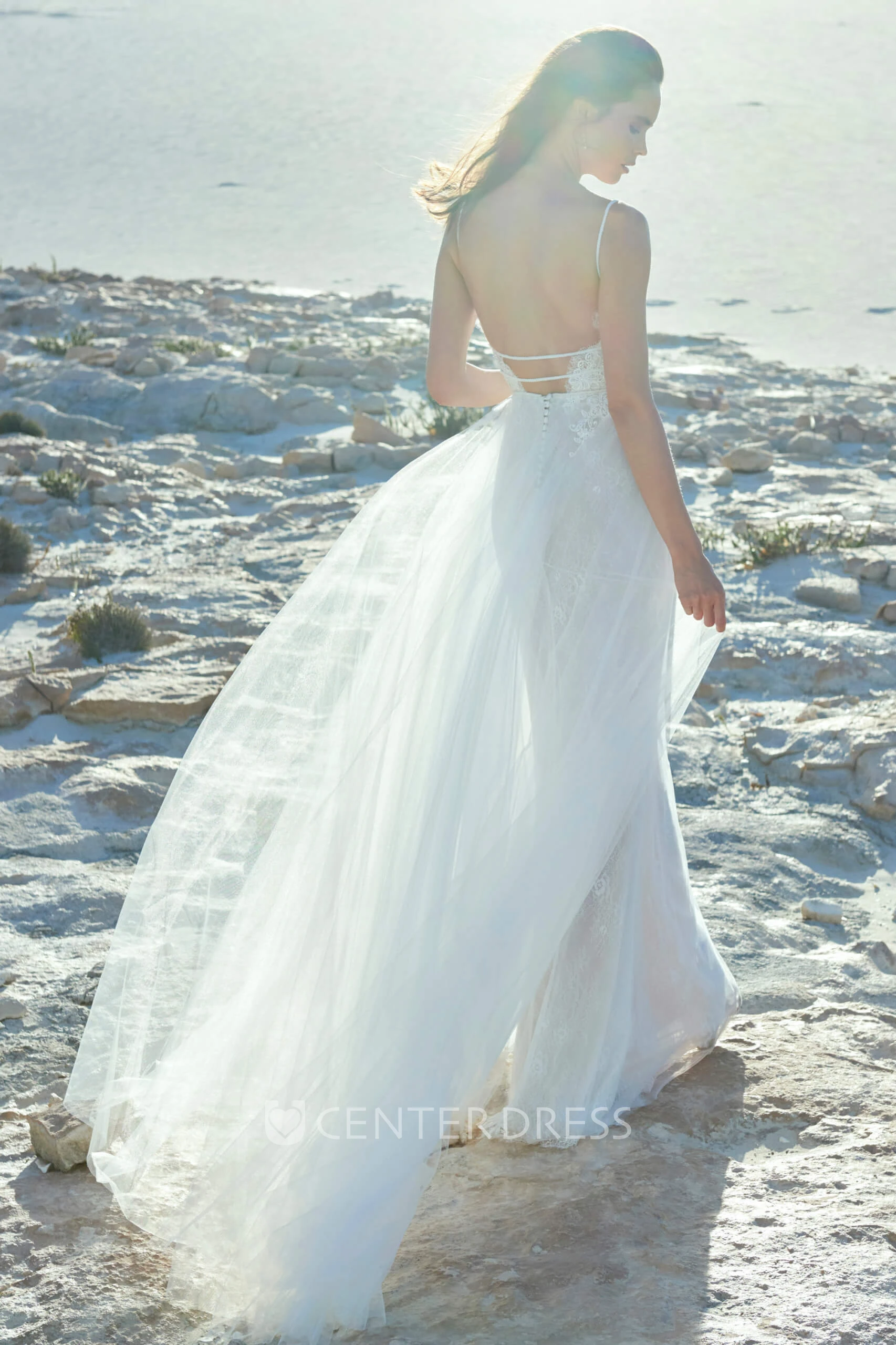 Tulle Spaghetti Plunging And Open Back With Straps Sexy Warm Wedding Dress With Lace Top