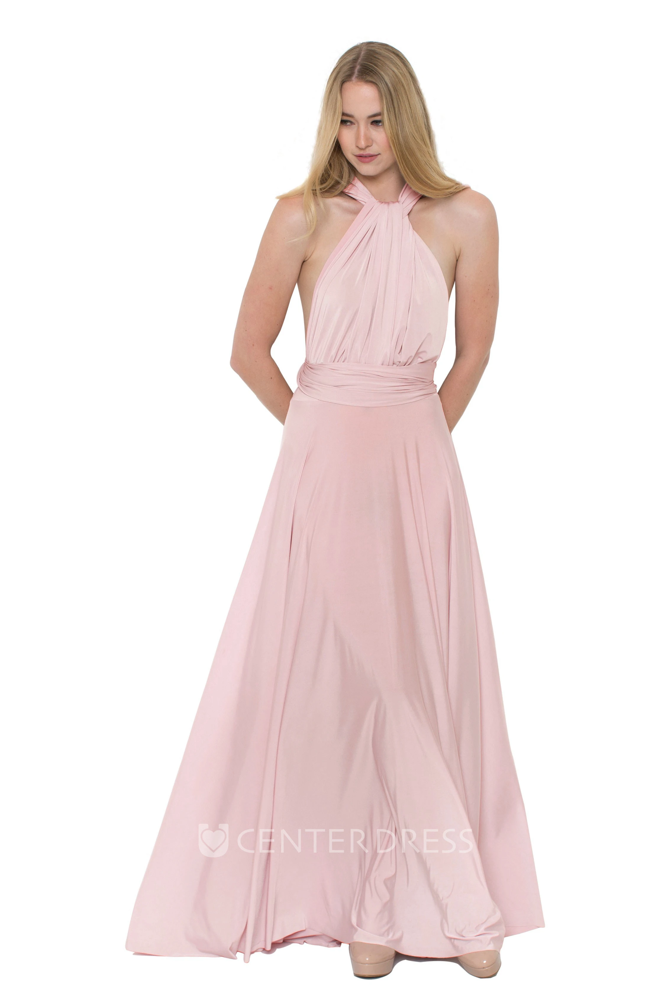 Floor-Length V-Neck Ruched Sleeveless Chiffon Muti-Color Convertible Bridesmaid Dress With Straps