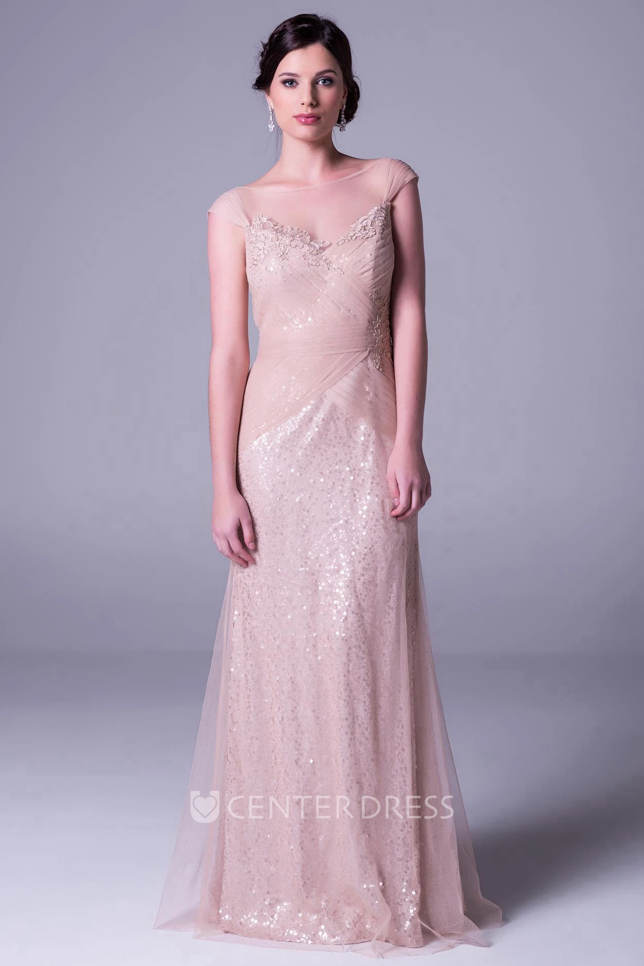 Cap Sleeve Bateau Neck Ruched Tulle Bridesmaid Dress With Illusion Back