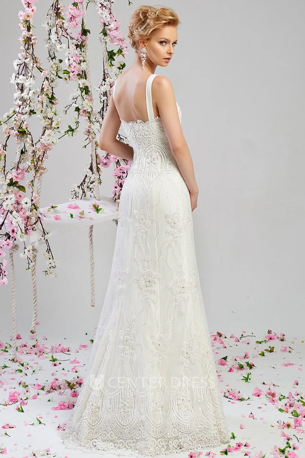 A-Line Floor-Length V-Neck Beaded Sleeveless Lace Wedding Dress