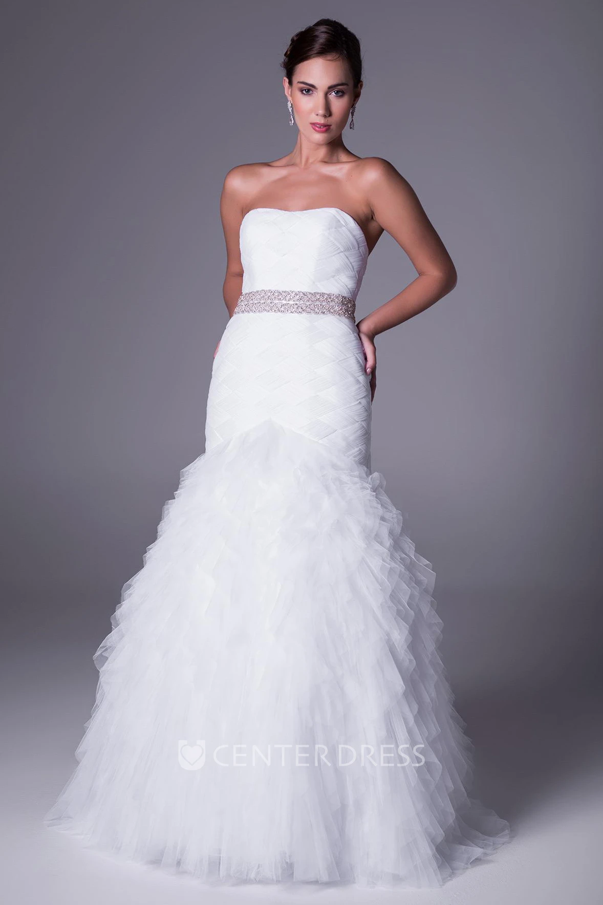 Long Strapless Cascading-Ruffle Sleeveless Tulle Wedding Dress With Waist Jewellery