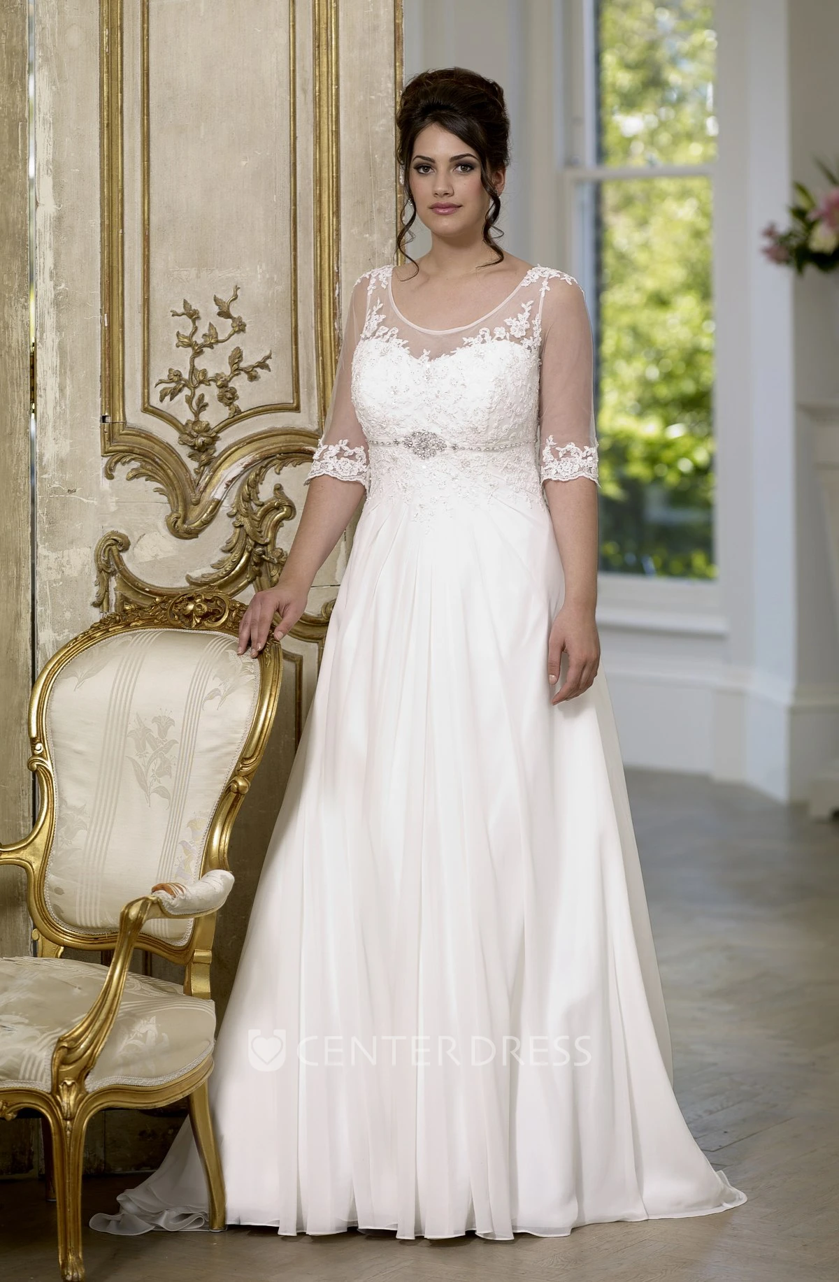 A-Line Long Scoop Neck Half Sleeve Empire Chiffon Brush Train Low-V Back Waist Jewellery Dress