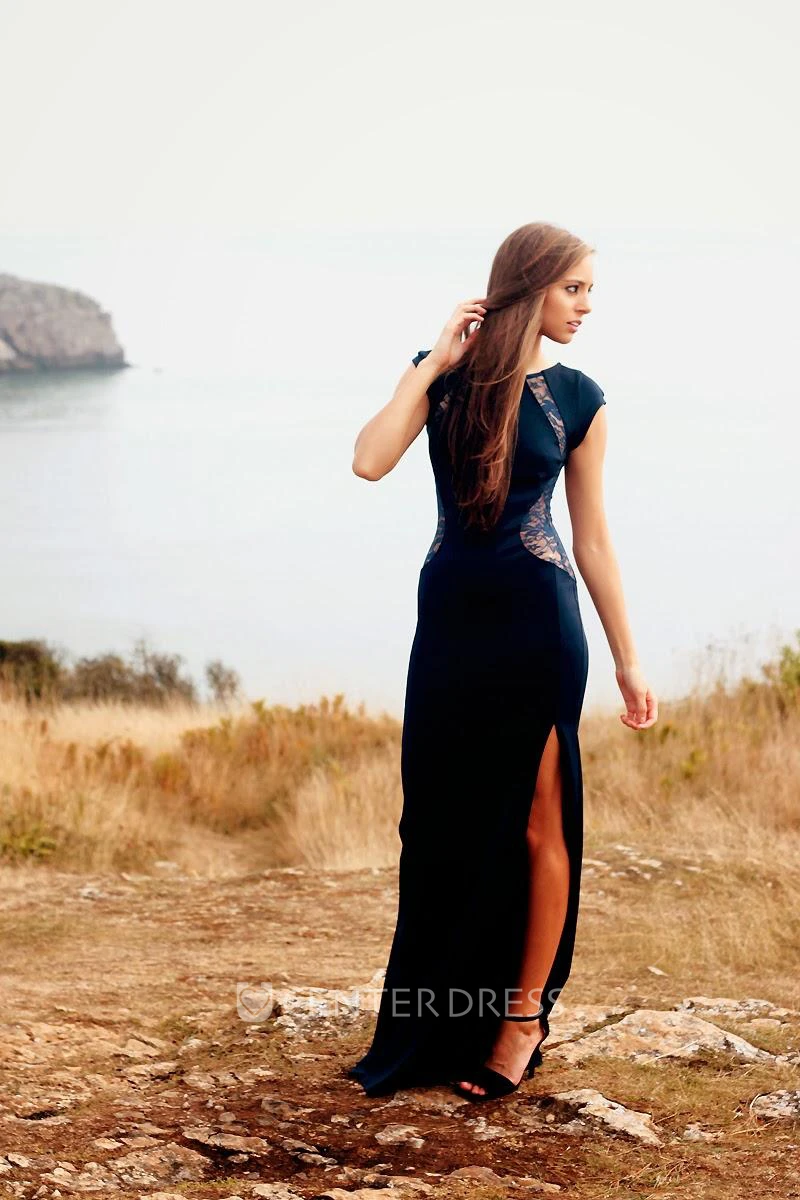 Modern Mermaid Front Split Lace Evening Dress Cap Sleeve