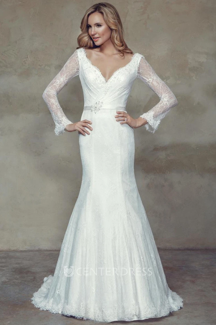 Trumpet Long-Sleeve Maxi V-Neck Lace Wedding Dress With Waist Jewellery And V Back