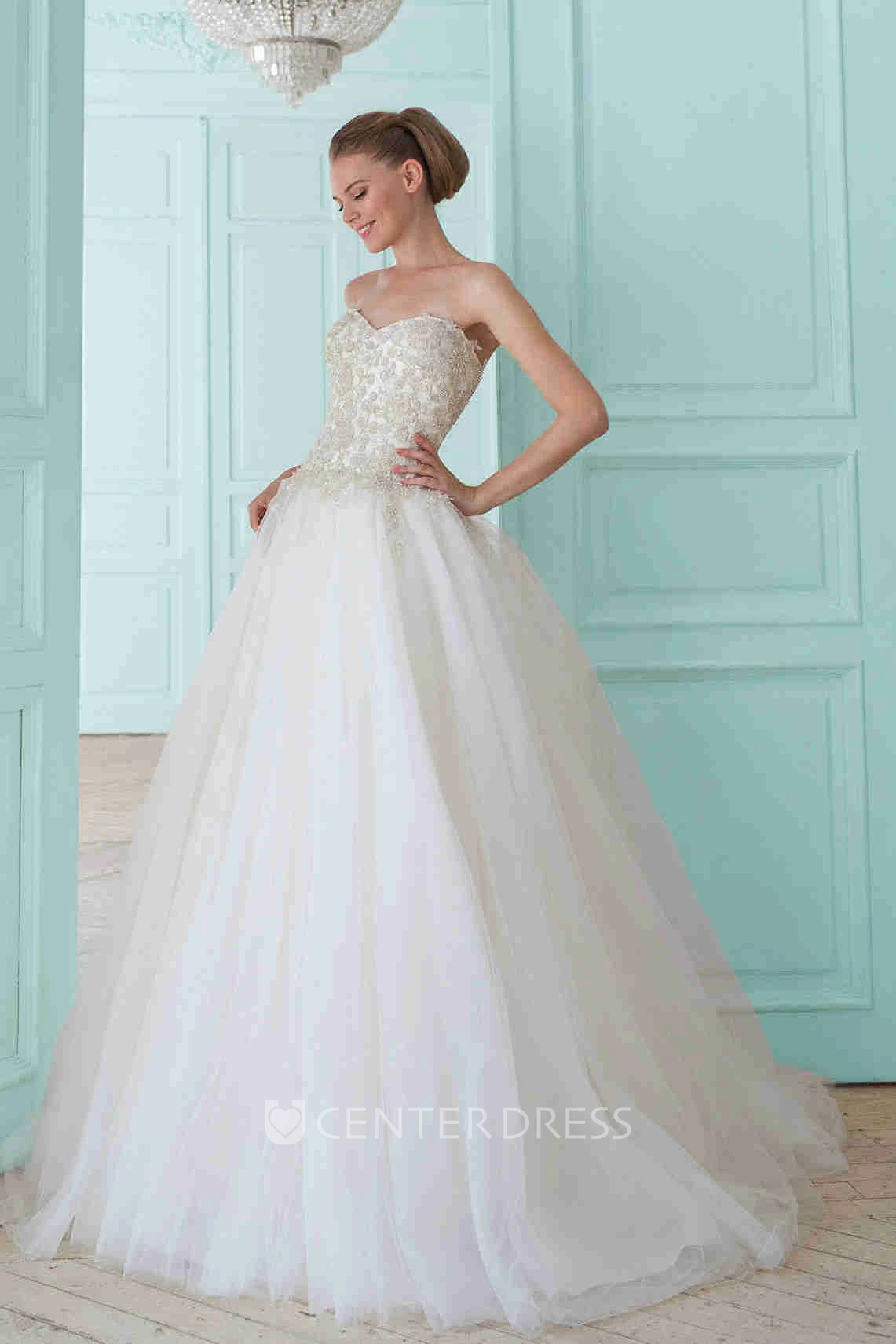 Ball Gown Long Sweetheart Tulle Wedding Dress With Beading And Corset Back