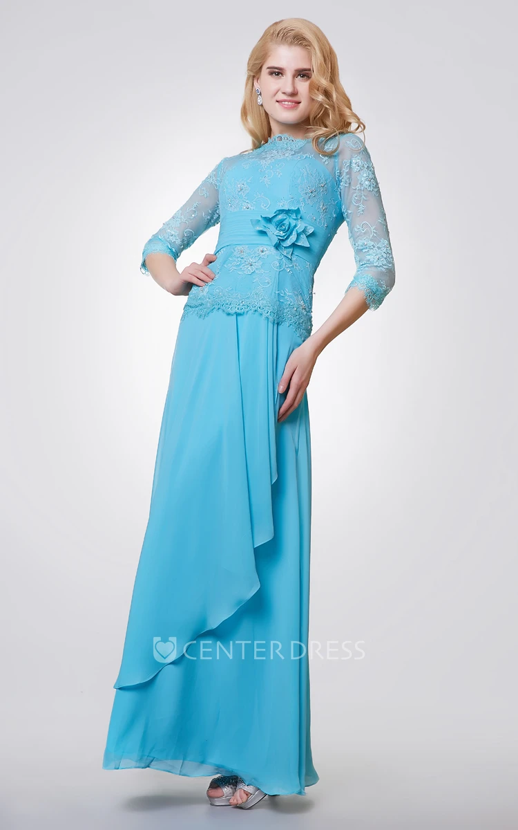 3 4 Length Sleeve Long Chiffon and Lace Dress With Side Draping