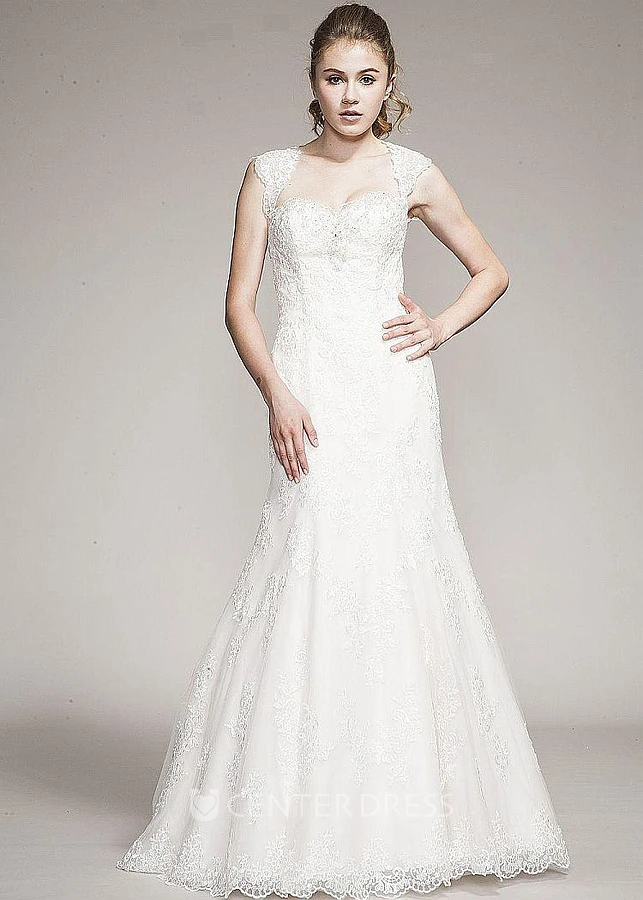 A-Line Queen-Anne Appliqued Floor-Length Lace Wedding Dress With Beading